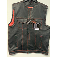 Black Premium Leather Club Vest With Red Stitching & Red/White Lining