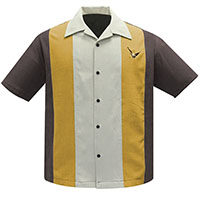 Atomic Mad Men Retro Mod Bowling Shirt by Steady Clothing - Coffee/ Mustard/ Stone