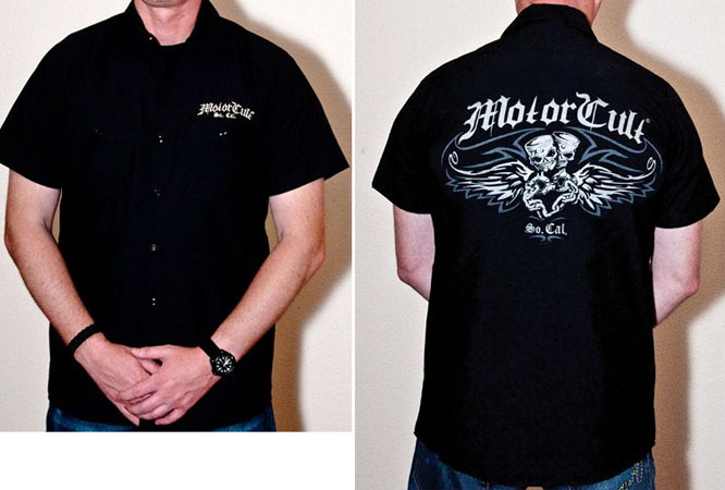 Flyin' Pistons on a black short sleeve work shirt by Motorcult - SALE sz S only