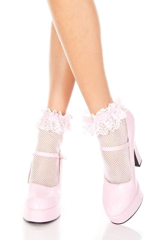 Fishnet Ruffle Ankle Socks- Baby Pink