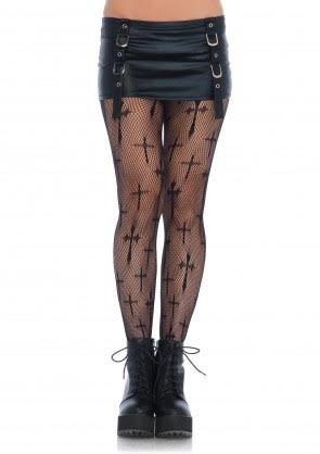 Worship Me Cross Print Fishnet Tights 