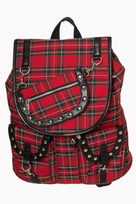 Yammy Red Plaid Bondage Strap Backpack by Banned Apparel