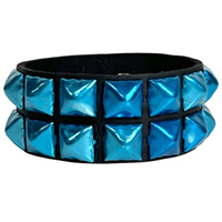 2 Rows of Metallic Pyramids on a Black Leather Bracelet by Funk Plus- Metallic Blue Pyramids