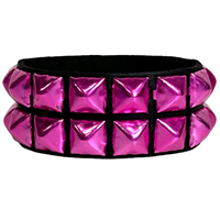 2 Rows of Metallic Pyramids on a Black Leather Bracelet by Funk Plus- Metallic Pink Pyramids