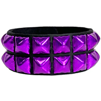 2 Rows of Metallic Pyramids on a Black Leather Bracelet by Funk Plus- Metallic Purple Pyramids