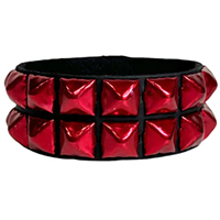 2 Rows of Metallic Pyramids on a Black Leather Bracelet by Funk Plus- Metallic Red Pyramids