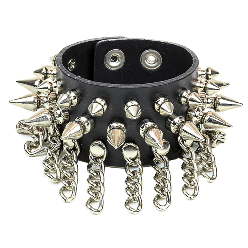 2 Row Of 1/2" Spikes With Chains on a Black Leather Snap Bracelet by Funk Plus