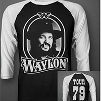 Waylon Jennings- Pic on front, Tour 79 on back on a black body/white 3/4 Sleeve Raglan Shirt