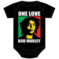 Bob Marley- One Love (White Logo & Green/Red Pic) on a black onesie (Sale price!)