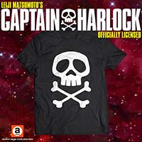 Captain Harlock Skull And Crossbones on front & sleeves on a black ringspun cotton shirt (Sale price!)