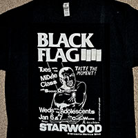 Starwood Flyer (Black Flag/Middle Class/Social Distortion/Adolescents) on a black shirt