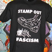 Anti Nazi- Stamp Out Fascism on a black shirt