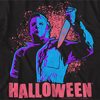 Halloween- Michael With Knife & Blood Splatter on a black ringspun cotton shirt