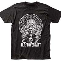 HP Lovecraft- Cthulhu & Skull (White Print) on a black ringspun cotton shirt