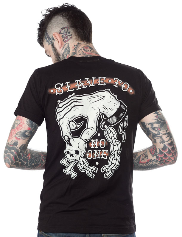 Kustom Kreeps Slave To No One on a black guys slim fit shirt by Sourpuss (Sale price!)