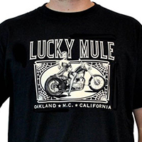 Lucky Mule Brand- Pin Up On Motorcycle on a black shirt - SALE sz S only