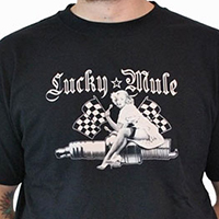 Lucky Mule Brand- Pin Up Girl On Sparkplug on a black shirt (Sale price!)