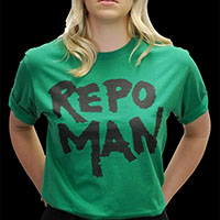 Repo Man- Logo front, Quote on back on a green ringspun cotton shirt (Sale price!)