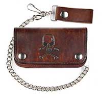 Skull & Crossbones Antique Brown Leather 6" Trucker Wallet (Comes With Chain)