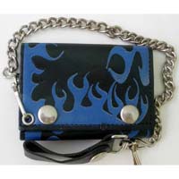 Flame Wallet- Black Leather Wallet With Blue Flames (Comes With Chain)