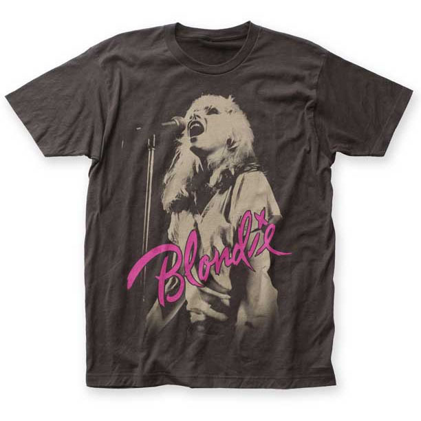 Blondie- Mic Pic on a charcoal ringspun cotton shirt