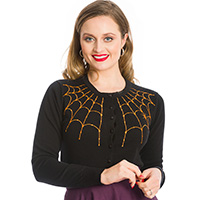 Plus Size Under Her Web Spell Cardigan by Banned Apparel - in Black w Orange Web - SALE