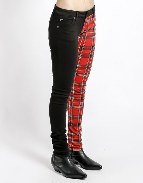 red and black split leg jeans