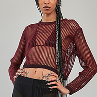 Glitch Grid Fishnet Knit Top by Banned Alternative - Burgundy