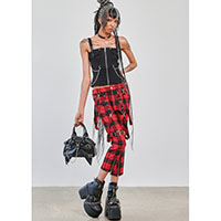 Nocturne Bondage Buckle Capri Trousers - Red & Black Plaid/ Girls Bondage Pants by Banned Apparel 