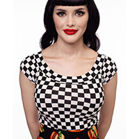 Boat Neck Top by Retrolicious - in black & white checkers