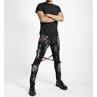 Street Chaos Super Skinny Bleached Bondage Pants w Red Plaid Straps by Tripp NYC - Unisex black with bleach stains