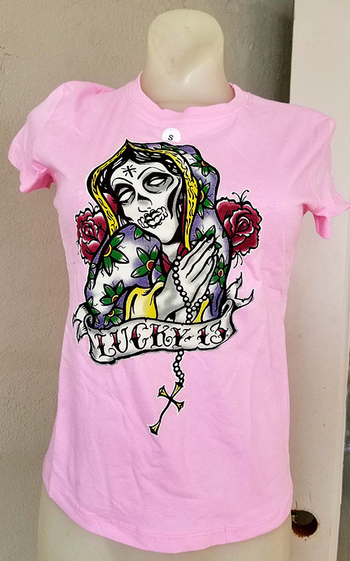 Lil Mary girlfriend shirt by Lucky 13 - SALE sz Small only on a pink tee