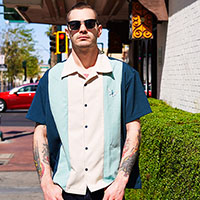 Atomic Mad Men Retro Mod Bowling Shirt by Steady Clothing - Teal/Mint/Stone