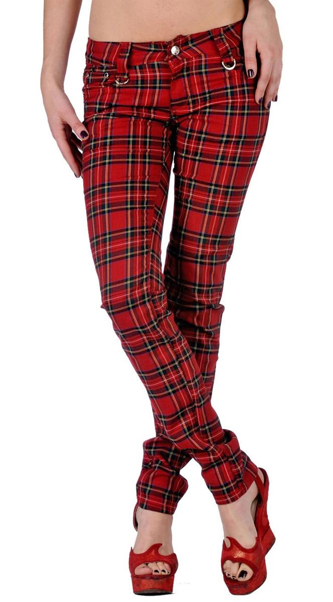 red plaid skinny pants