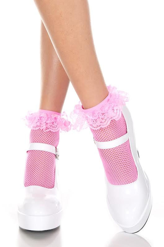 Fishnet Ruffle Ankle Socks- Neon Pink