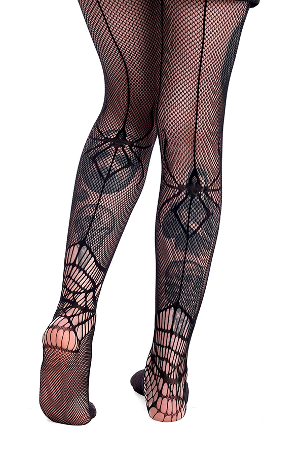 Black Backseam Fishnets with Cobweb & Spider Print by Banned