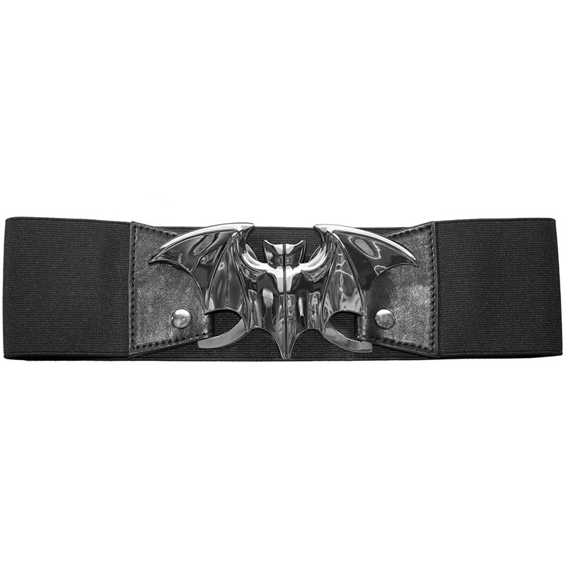 Wide Elastic Retro Belt by Kreepsville  666 -  Silver Bat on a Black Belt
