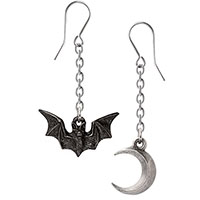 Lunatious Dropper / Dangle Bat & Moon Pewter Earrings by Alchemy England 1977