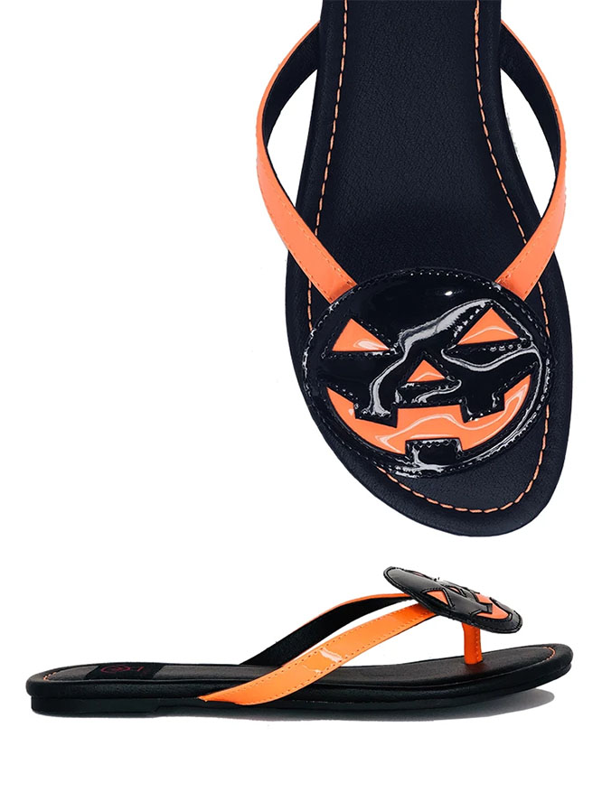 Betty Jack O Lantern - Orange Straps/ Black Pumpkin Flip flop Sandal by Strange Cvlt - SALE