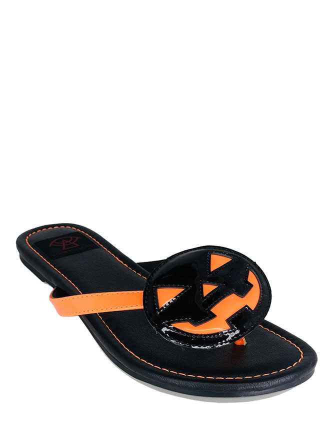 Betty Jack O Lantern - Orange Straps/ Black Pumpkin Flip flop Sandal by Strange Cvlt - SALE sz 6 & 11 only