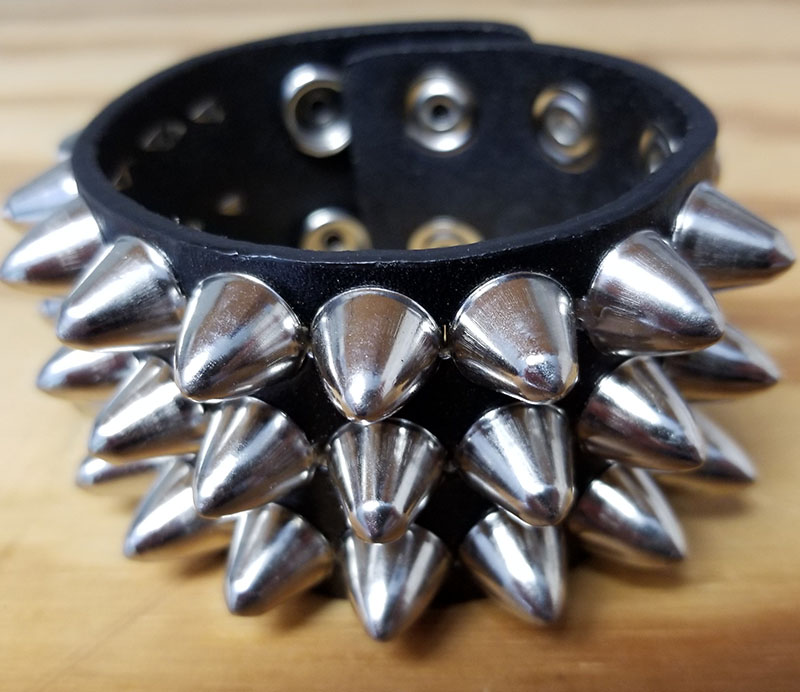 3 Row British Cone Stud Bracelet- Black Leather