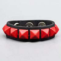 1 Row Of Red Pyramids on a Black Leather Bracelet by Funk Plus