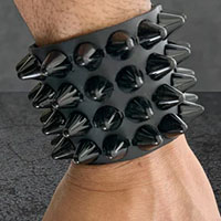 4 Rows Of BLACK UK77 Cone Studs on a Black Leather Snap Bracelet by Funk Plus