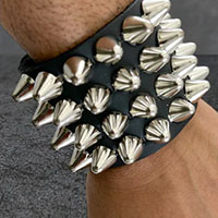 4 Rows Of UK77 Cone Studs on a Black Leather Snap Bracelet by Funk Plus