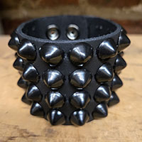 4 Rows Of BLACK Cone Studs on a Black Leather Snap Bracelet by Funk Plus