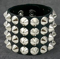 4 Rows Of Cone Studs on a Black Leather Snap Bracelet by Funk Plus