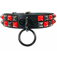 Checkered Pyramids (Black & Red) And Ring on a Black Leather Choker by Funk Plus