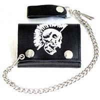 Mohawk Skull on a black leather wallet (Comes with chain)