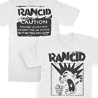 Rancid- Screaming Mohawk on front, Caution on back on a white shirt