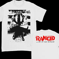 Rancid- And Out Come The Wolves on front & back on a white shirt 